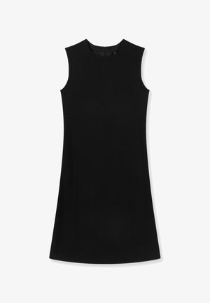 Abito nero senza maniche a linea ad A con scollo tondo e chiusura con cerniera sul retro, mostrato disteso su uno sfondo bianco.