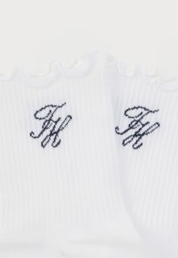 Λευκές ριγωτές κάλτσες με βολάν στο τελείωμα. Διαθέτουν μπλε κεντημένο λογότυπο στην πλευρά. Μαλακή υφή, σχεδιασμένες για άνεση και στυλ.