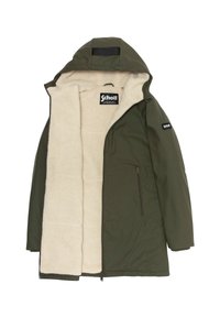 Parka verde con capucha y forro de forro polar beige, bolsillo lateral con cremallera y etiqueta de la marca "Schott" en el interior y en la manga izquierda.