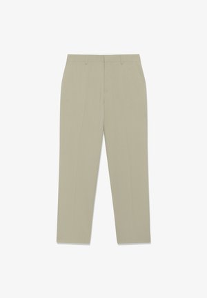 Svjetlo bež muške hlače krojene po mjeri s ravnim krojem nogavica, s petljama za remen i glatkom teksturom. Bez vidljivih džepova ili uzoraka.