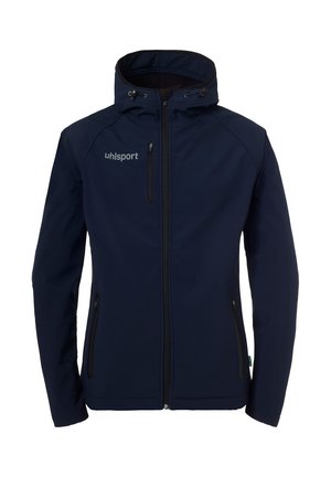 Marineblå softshell-jakke med hætte, lynlås foran, to sidelommer og kontrastgrå logo. Glat tekstur og tætsiddende design.