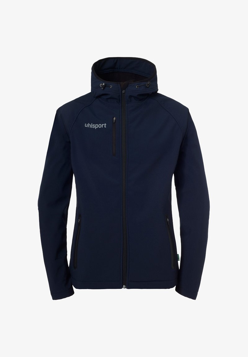 Veste softshell marine avec capuche, fermeture éclair à l'avant, deux poches latérales et logo gris contrasté. Texture lisse et design ajusté.