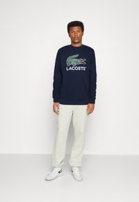 Felpa blu navy con logo di coccodrillo verde e testo "LACOSTE", abbinata a pantaloni chiari e sneakers bianche.