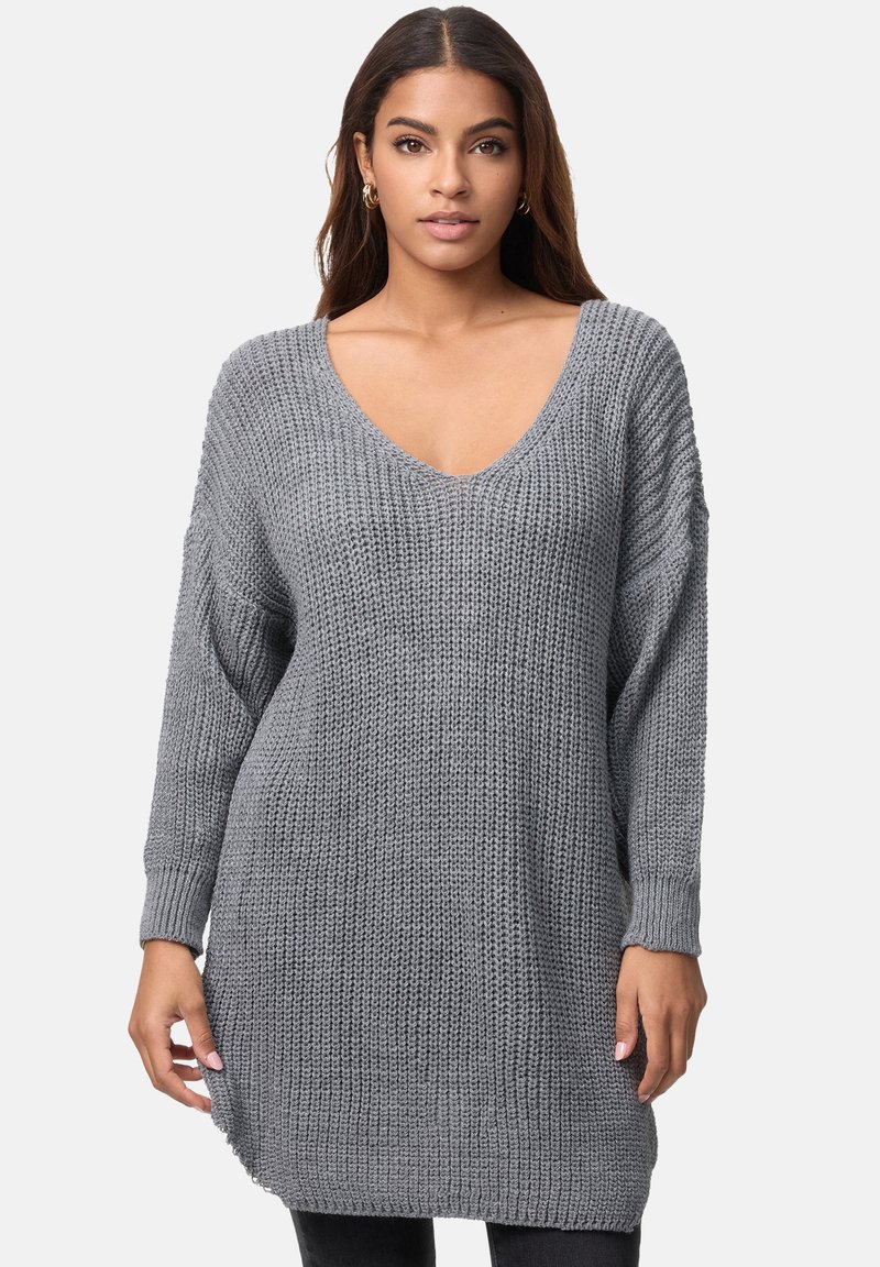 Szary dziany sweter z głębokim dekoltem w kształcie litery V, długimi rękawami i ściągaczami. Charakteryzuje się luźnym krojem i textured materiałem, sięgając do połowy uda.