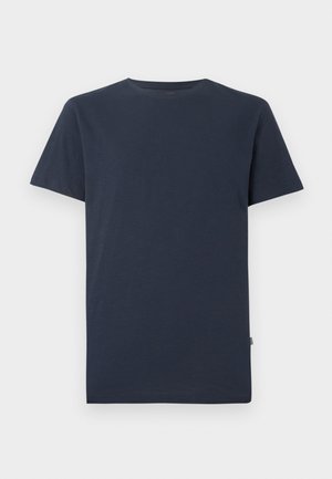 Navy blue short-sleeve t-shirt made of soft fabric; round neckline, straight cut, and a small logo tag on the left side.