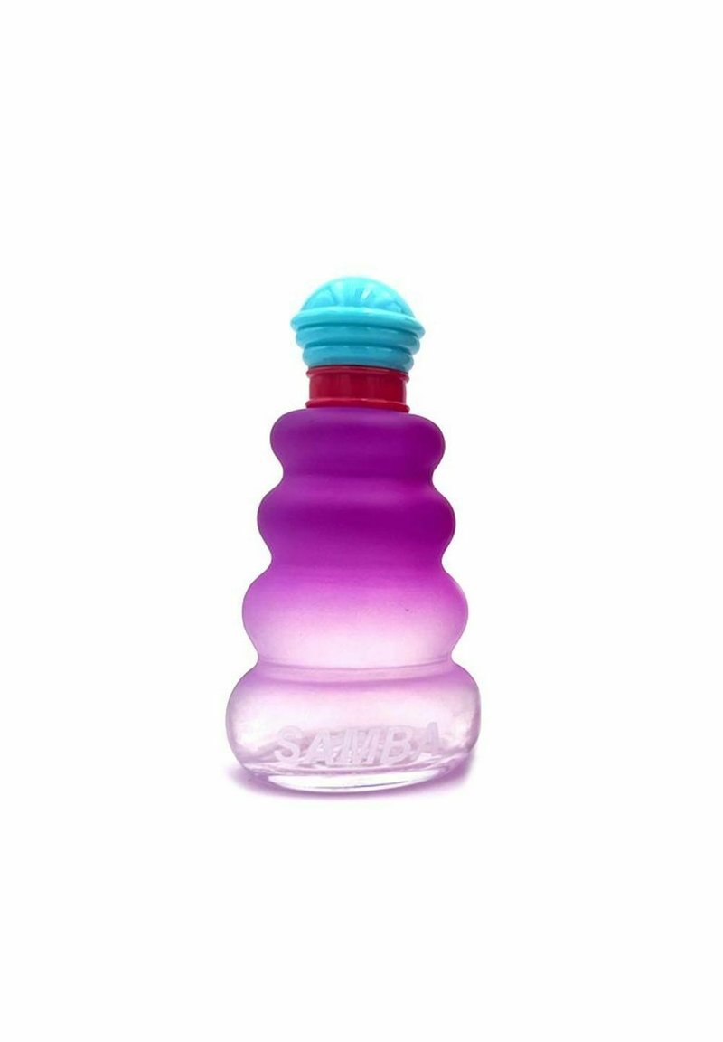 Lilla og klar gradient glasflaske med rund, bølget form. Blå hætte med et struktureret design, indgraveret "SAMBA" på bunden.