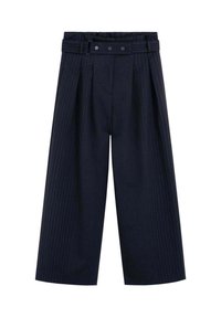 Navy blue wide-leg trousers with vertical pinstripes, featuring a belted high waist and double button closure. Smooth fabric texture.