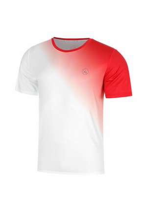 Kurzärmeliges Sportshirt mit weißer Basis und rotem Farbverlauf, der die rechte Schulter und den Ärmel bedeckt, mit einem kleinen kreisförmigen Logo auf der Brust.