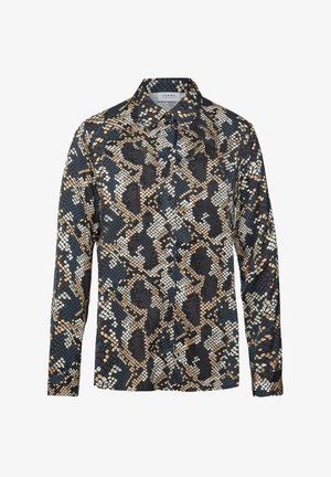 Camicia a maniche lunghe con un design di stampa a serpente multicolore in nero, beige e bianco. Realizzata in tessuto morbido con colletto e chiusura a bottoni.