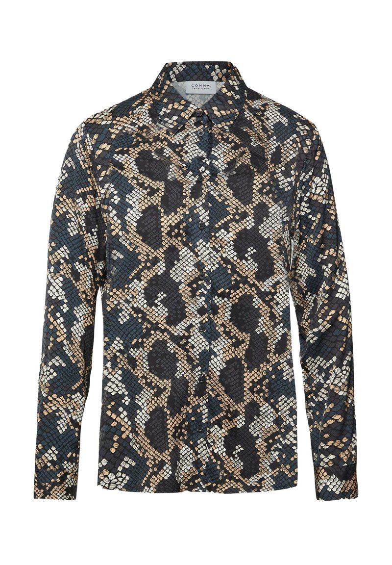 Langärmliges Hemd mit einem mehrfarbigen Schlangenprint-Design in Schwarz, Beige und Weiß. Aus glattem Stoff mit Kragen und Knopfverschluss gefertigt.