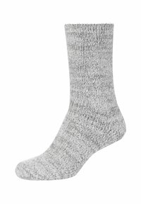 Grau gestrickte Socken mit weicher Textur, versehen mit einem Rippendesign und einem leichten, lässigen Sitz. Knöchellang mit abgerundetem Zehenbereich.