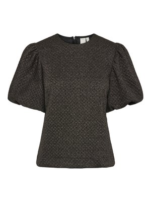 Short black textured top with puffed short sleeves and a round neckline, featuring a back zipper closure.
