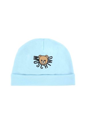 Bonnet en tricot bleu avec un graphisme d'ours et du texte noir ; tissu doux, design flexible et revers roulé en bas.