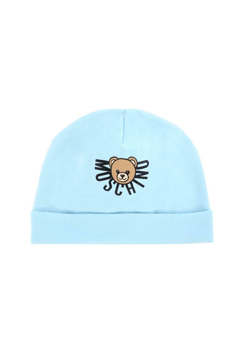 Beanie lavorato a maglia blu con grafica di un orso e testo nero; tessuto morbido, design flessibile e risvolto nella parte inferiore.