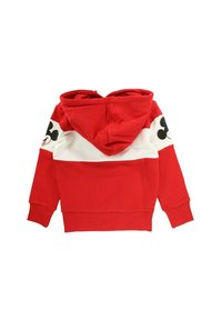 Sweat à capuche rouge et blanc avec des manches longues, arborant un personnage de dessin animé noir sur l'épaule gauche et une texture douce.