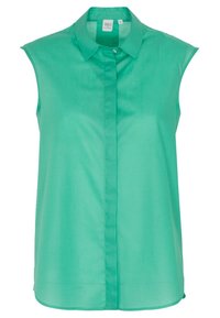 Bezruká košile s límečkem v jasně zelené barvě, vyrobená z hladké látky, s knoflíkovým zapínáním a uvolněným střihem. Bez výrazných vzorů nebo akcentů.