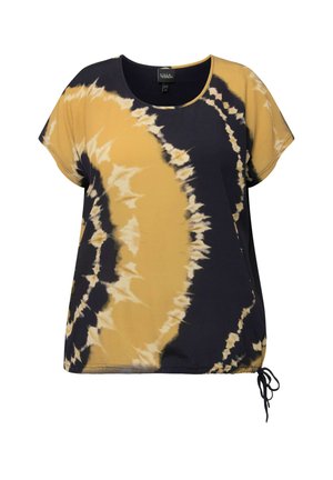 Kortekorte mouwen, tie-dye top in zwart en goudgeel. Voorzien van een ronde halslijn en een verstelbaar trekkoord aan de onderkant. Glad stoftextuur.