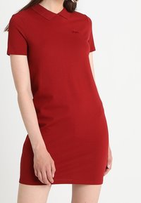 Červené polo šaty s krátkým rukávem z pleteného materiálu. Mají límeček a vyšívané logo na hrudi. Hladký povrch, přiléhavý střih.