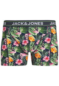 Bóxer para hombre con un estampado tropical que incluye flamencos rosas y flores coloridas. Cintura elástica negra con el logo "JACK&JONES".