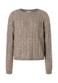 Beige Kabelstrickpullover mit Rundhalsausschnitt, langen Ärmeln und ribbeltem Saum. Besitzt strukturierte Muster und ein kleines Markenetikett am unteren Ende.