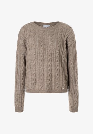 Beige cable-knit sweater with a round neckline, long sleeves, and a ribbed hem. Features textured patterns and a small brand label at the bottom.