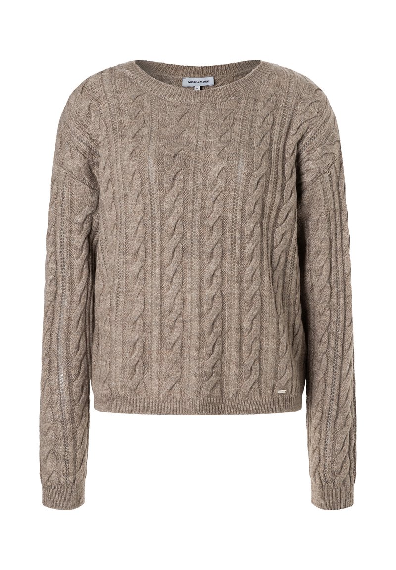 Beige Kabelstrickpullover mit Rundhalsausschnitt, langen Ärmeln und ribbeltem Saum. Besitzt strukturierte Muster und ein kleines Markenetikett am unteren Ende.