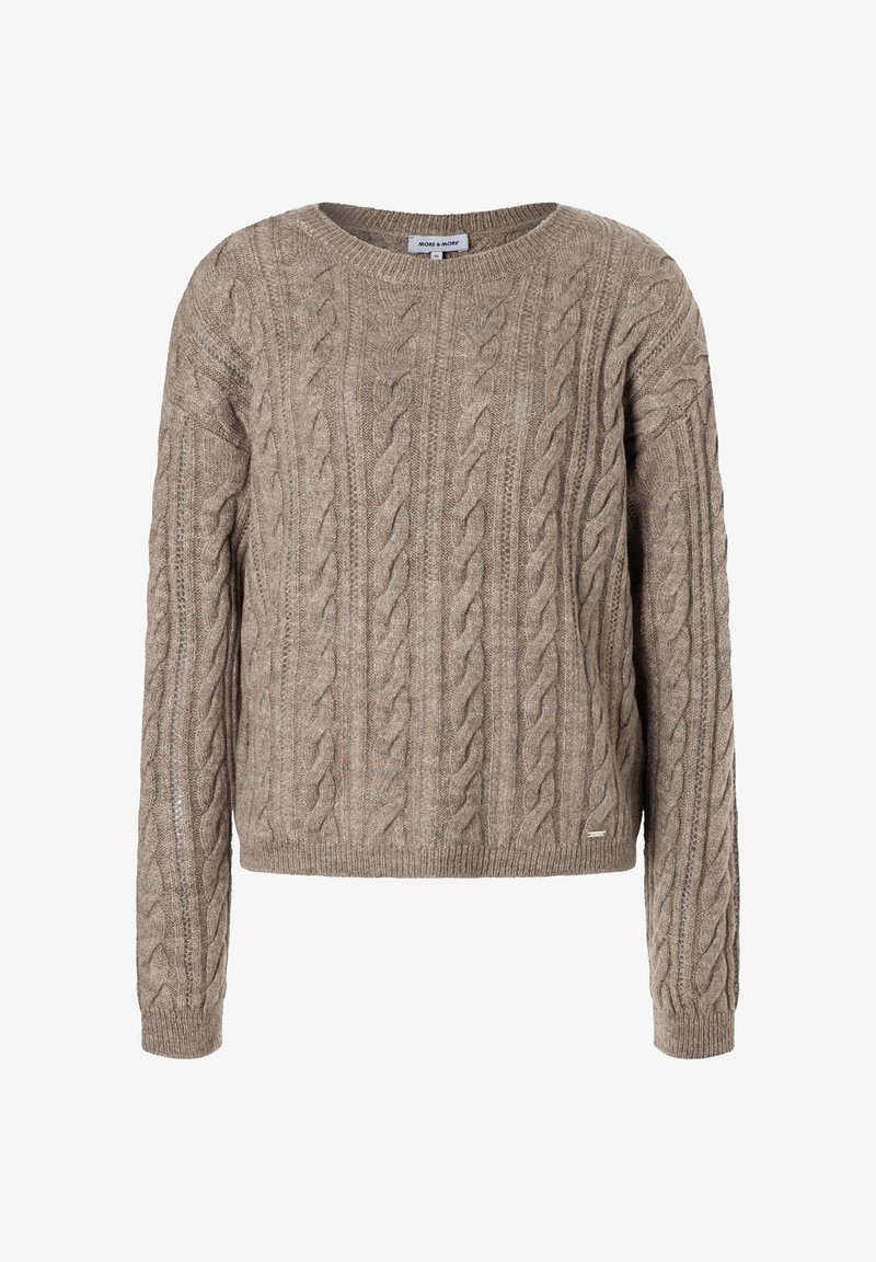 Beige Kabelstrickpullover mit Rundhalsausschnitt, langen Ärmeln und ribbeltem Saum. Besitzt strukturierte Muster und ein kleines Markenetikett am unteren Ende.