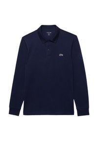 Polo à manches longues de couleur marine en coton ; il présente un col classique et un petit logo Lacoste blanc sur la poitrine gauche.