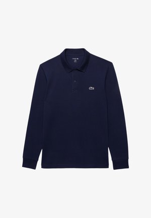Marinefarbener Langarm-Polo-Shirt aus Baumwolle; mit klassischem Kragen und kleinem weißen Lacoste-Logo auf der linken Brust.