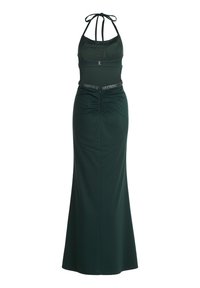 Grünes Halterneck-Kleid mit tailliertem Oberteil, gerafften Details an der Taille und einem mit Perlen verzierten Bund. Langer, fließender Rock.