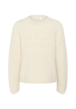 Több méretben elérhető, puha, texturált anyagból készült elefántcsont színű pulóver. Kerek nyakkivágással és hosszú ujjakkal rendelkezik, lazán illeszkedik. Nincsenek látható minták.