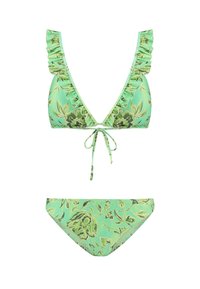 Zeleni cvetlični bikini komplet z ruffled trikotnim vrhom, ki ima zavezovanje, in ujemajočimi se nizkimi hlačkami, oboje s teksturiranim vzorcem.