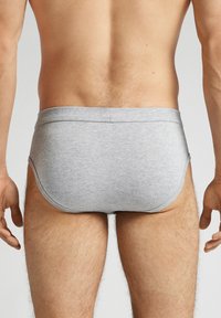 Grijze katoenen slips met een soepele textuur, elastische tailleband en een klassiek model. Gestikte details rond de beenopeningen.