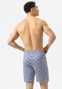 Boxershorts in lichtblauw met verticale strepen en kleine rode bloemenpatronen. Elastische tailleband, middellange snit en van katoen.