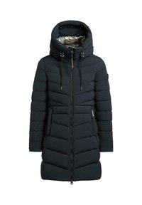 Cappotto nero imbottito con colletto alto, dotato di zip frontale, due tasche laterali e coulisse sul cappuccio. Design trapuntato testurizzato.