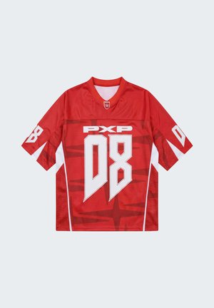 Red sports jersey with white "PXP" text and large stylized "08" on front, short sleeves, and smaller "08" on each sleeve.