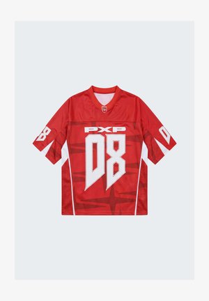 Red sports jersey with white "PXP" text and large stylized "08" on front, short sleeves, and smaller "08" on each sleeve.
