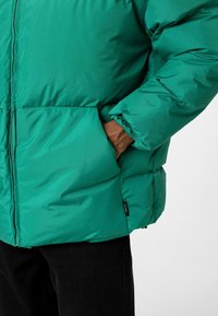 Groene gewatteerde jas met een gladde, glanzende buitenkant. Voorzien van een voorrits, zijzakken, elastische manchetten en een comfortabele pasvorm.