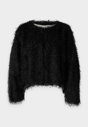 Musta lyhythihainen neule, joka on valmistettu pörröisestä, teksturoidusta materiaalista. Neuleessa on pyöreä pääntie ja pitkät hihat. Siinä on löysä istuvuus ja pehmeä viimeistely.