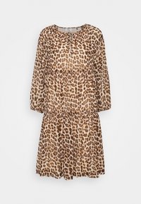 Leopardenmuster-Kleid mit drei Schichten, langen Ärmeln und runder Ausschnitt. Hergestellt aus leichtem, durchscheinendem Stoff in Beige- und Brauntönen.