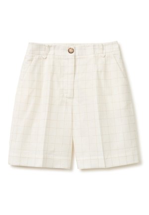 Weiße Shorts mit feinem Karomuster, vorderem Knopfverschluss, Bundschlaufen und seitlichen Taschen.