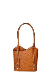 Borsa a tracolla in pelle tan con finitura testurizzata, dotata di una tasca con zip e due lunghe cinghie. Apertura superiore con design a bocca larga.