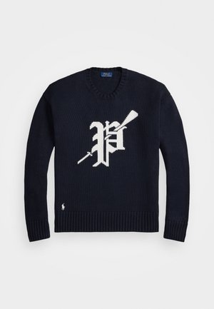 Navy blue knit sweater with white Gothic-style "P" and crossed polo mallets on front, ribbed cuffs and hem.