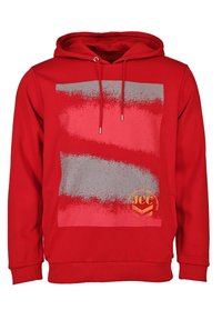 Rød hoodie lavet af bomuld med et grått og rødt grafisk design, frontlomme, justerbar snor i hætten og logodetalje i orange.
