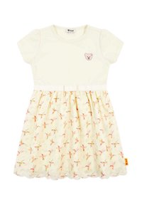 Vestido de manga corta con parte superior crema y falda de un suave amarillo con estampado floral; presenta una aplicación de oso en el pecho y un dobladillo con forma de concha.