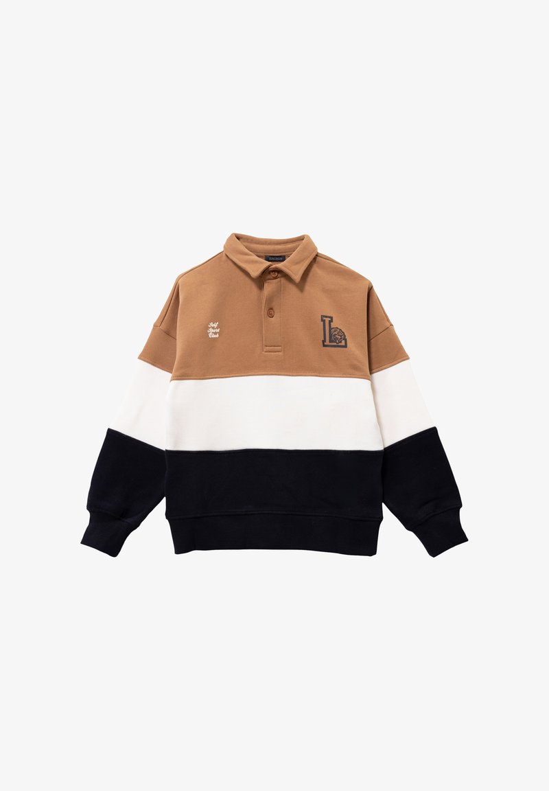 Bruine, witte en marineblauwe horizontaal gestreepte polo sweatshirt met een kraag, twee knopen en een logo-accent op de borst. Zacht, gestructureerd materiaal.