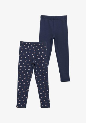 Twee paar marineblauwe leggings voor kinderen, één effen en één met een klein roze bloemenpatroon.