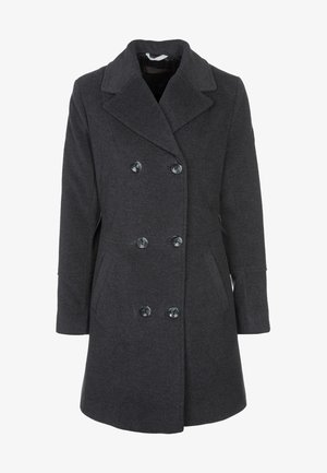 Donkergrijze dubbelgeknoopte wollen jas met brede revers en zijzakken, lange mouwen en een getailleerde pasvorm.