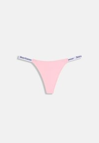 Rozā tanga apakšveļa, kas izgatavota no mīkstas auduma, ar šauru dizainu un zilu zīmolu elastīgo joslu ar uzrakstu "Juicy Couture".