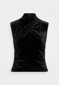 Haut sans manches en velours noir avec col montant et design drapé asymétrique, comportant une fermeture éclair au dos.